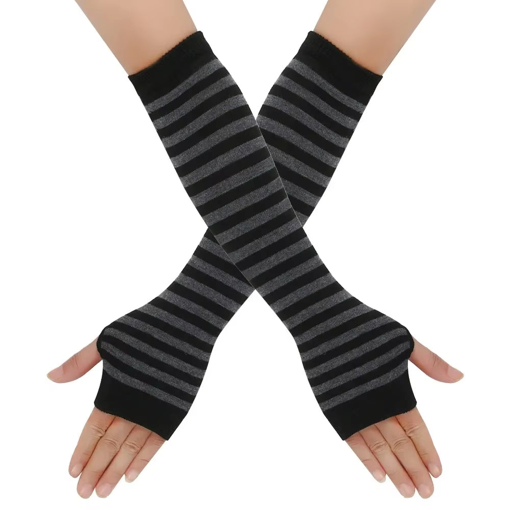 Cozy Striped Fingerless Gloves – Stylish Elbow-Length Warmers for Women!