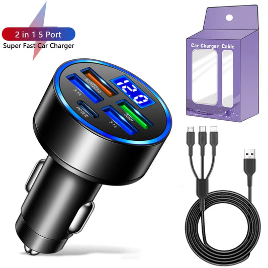 5-Port Fast Charge Hub™: Power All Your Devices - 250W LED Car Charger USB-C