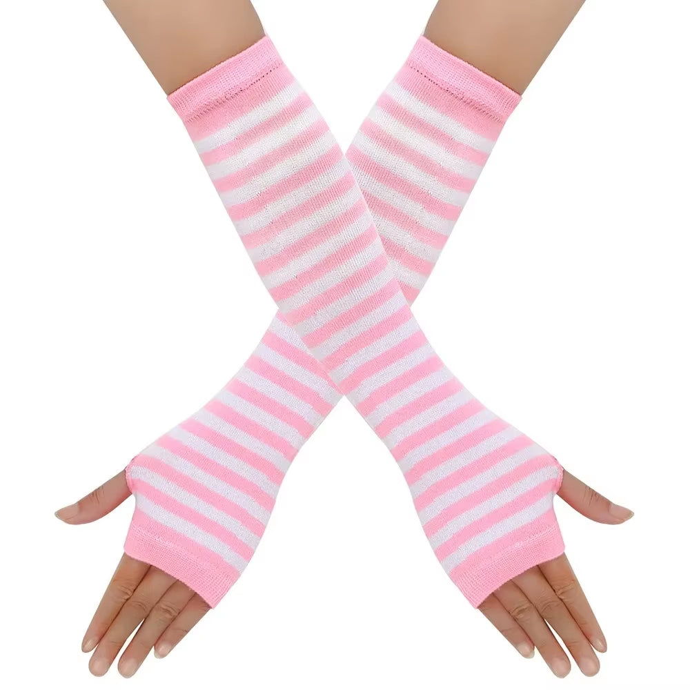 Cozy Striped Fingerless Gloves – Stylish Elbow-Length Warmers for Women!