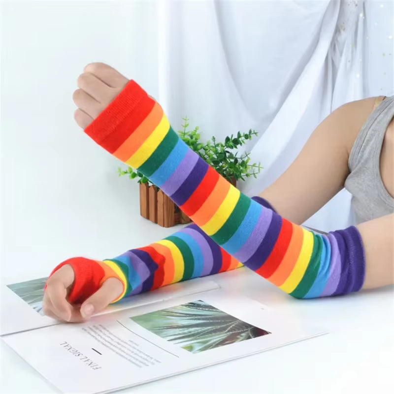 Cozy Striped Fingerless Gloves – Stylish Elbow-Length Warmers for Women!